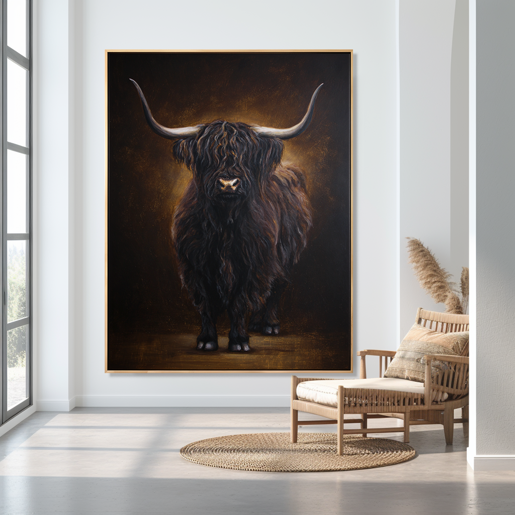 Shadow Highland - Dramatic Highland Cow Oil Painting