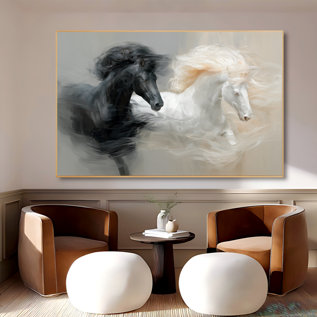 Balanced Motion - Black and White Horse Canvas Art