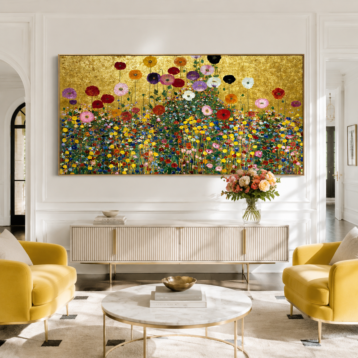 Auric Meadow – Hand-Painted Textured Floral Canvas Wall Art