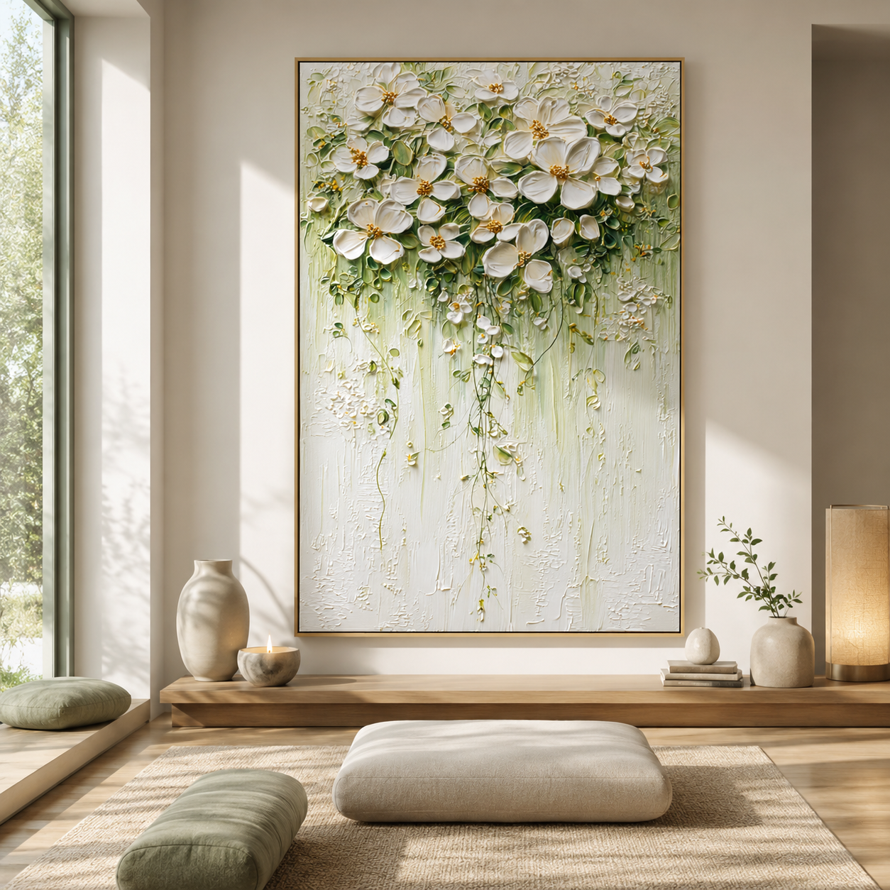 Ivory Blossom Cascade - Hand-Painted Floral Art Acoustic Panel