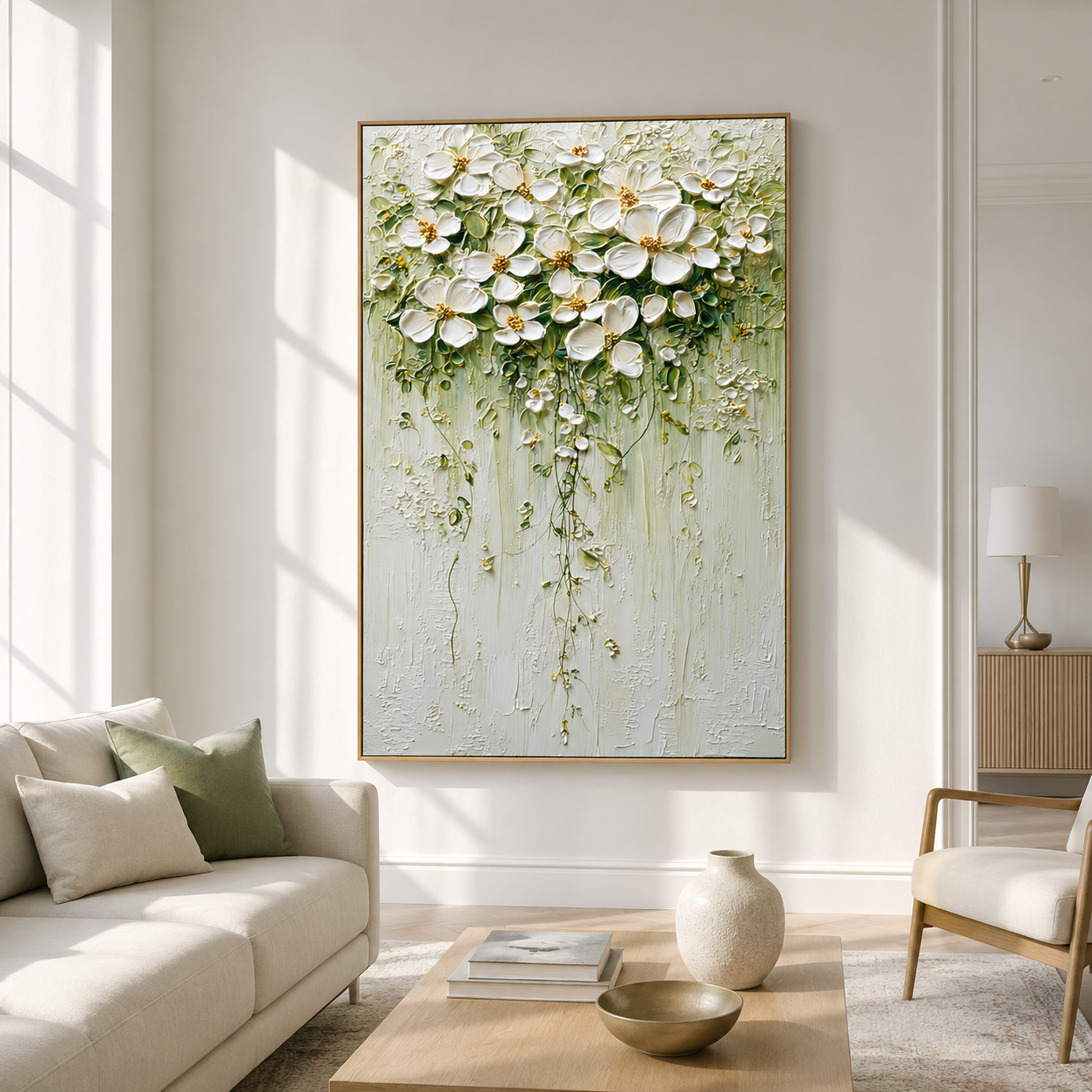 Ivory Blossom Cascade - Hand-Painted Floral Art Acoustic Panel
