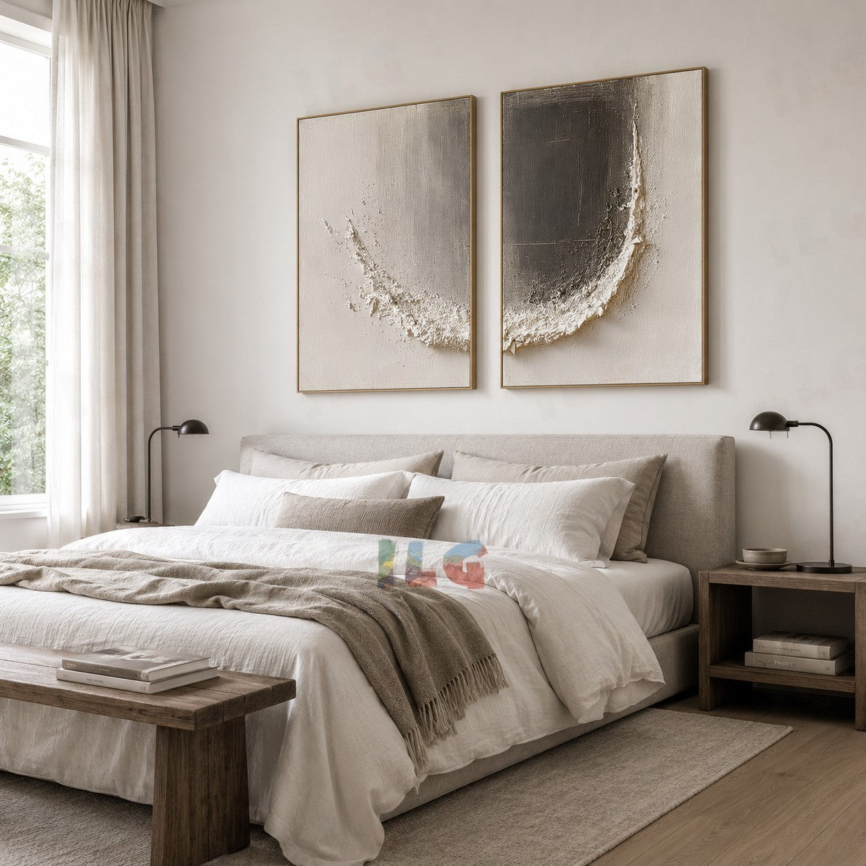 Ivory Crescent Diptych – Abstract Textured Wall Art