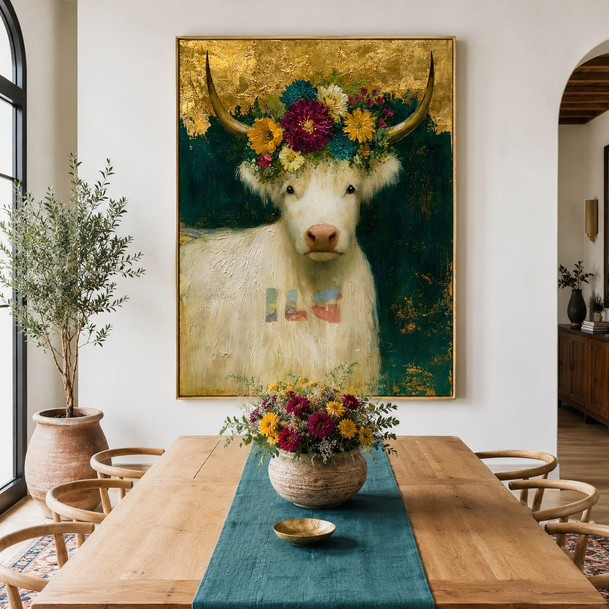 Golden Blossom Highland Cow – Farmhouse Animal Wall Art