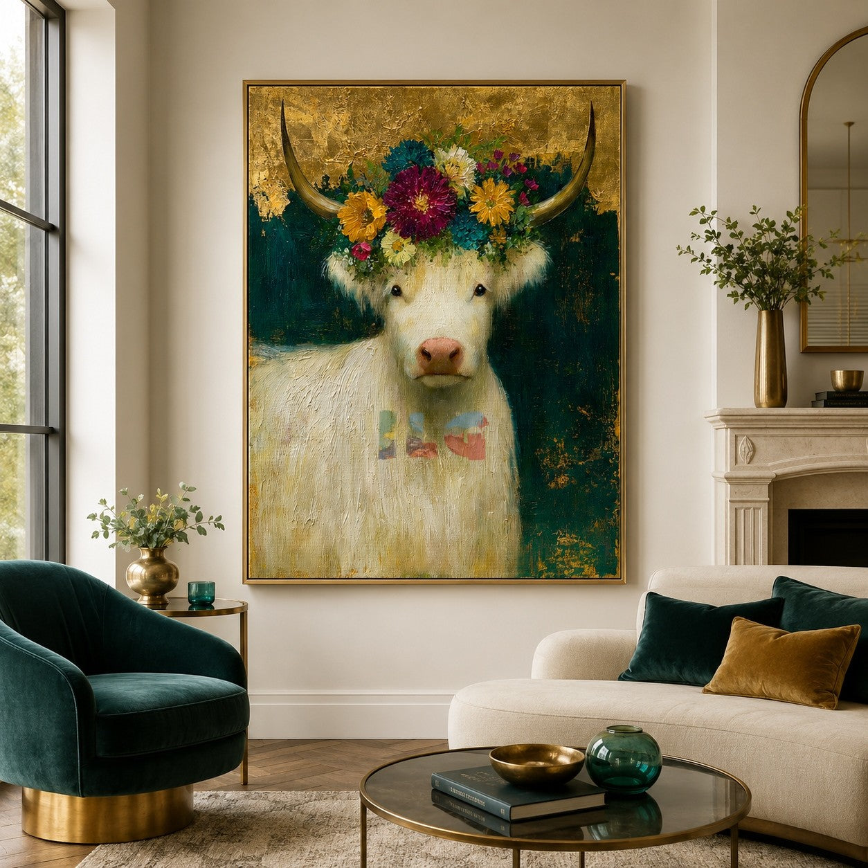 Golden Blossom Highland Cow – Farmhouse Animal Wall Art