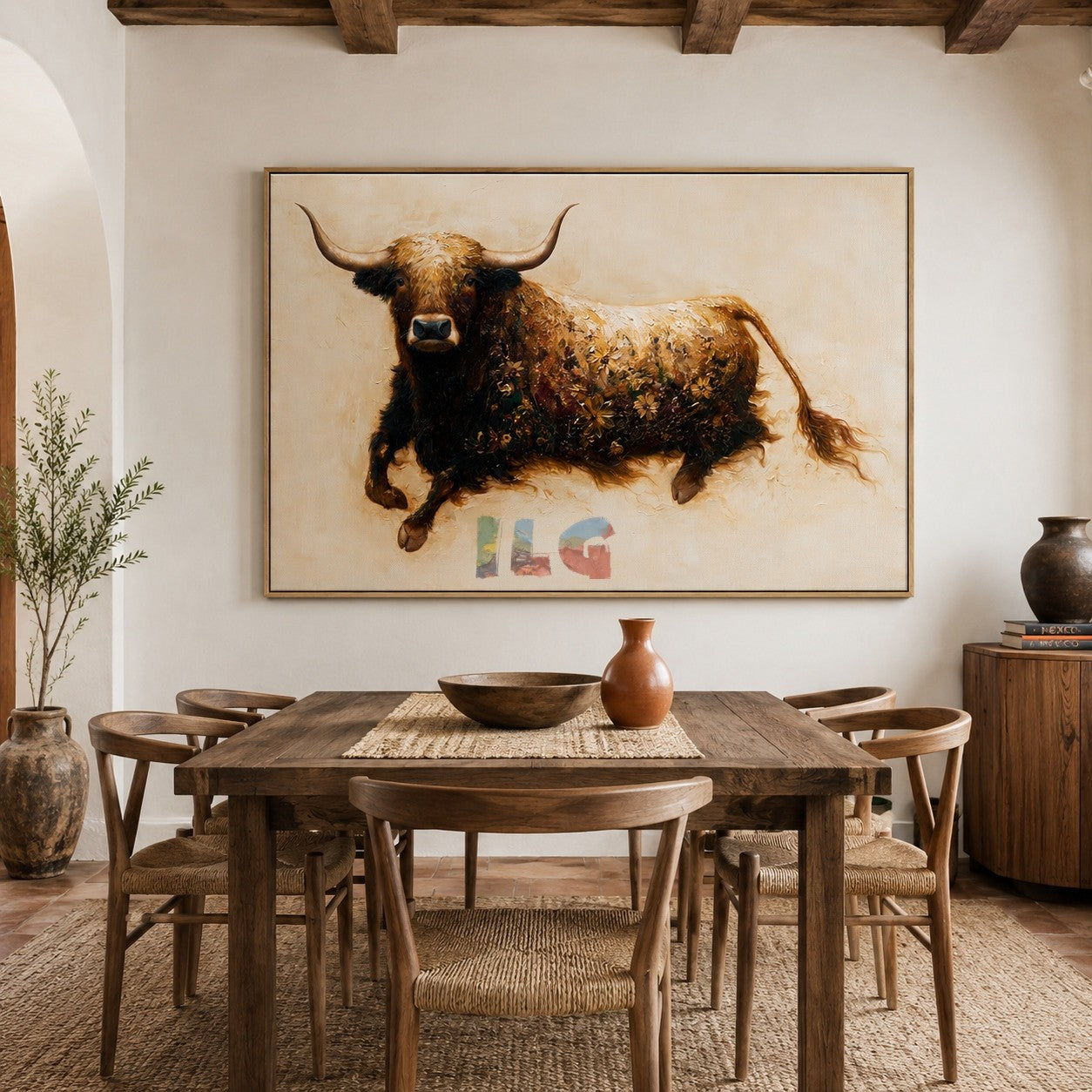 Floral Highland Cow Portrait – Farmhouse Animal Wall Art