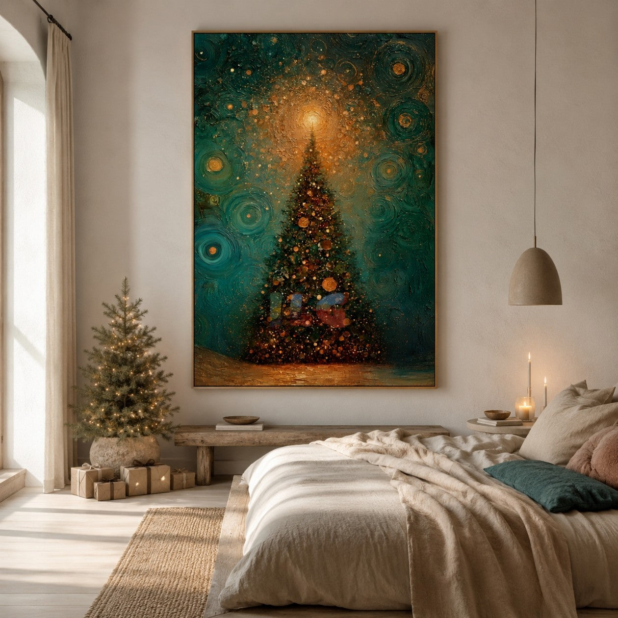 Starlit Evergreen Glow – Christmas Textured Wall Art