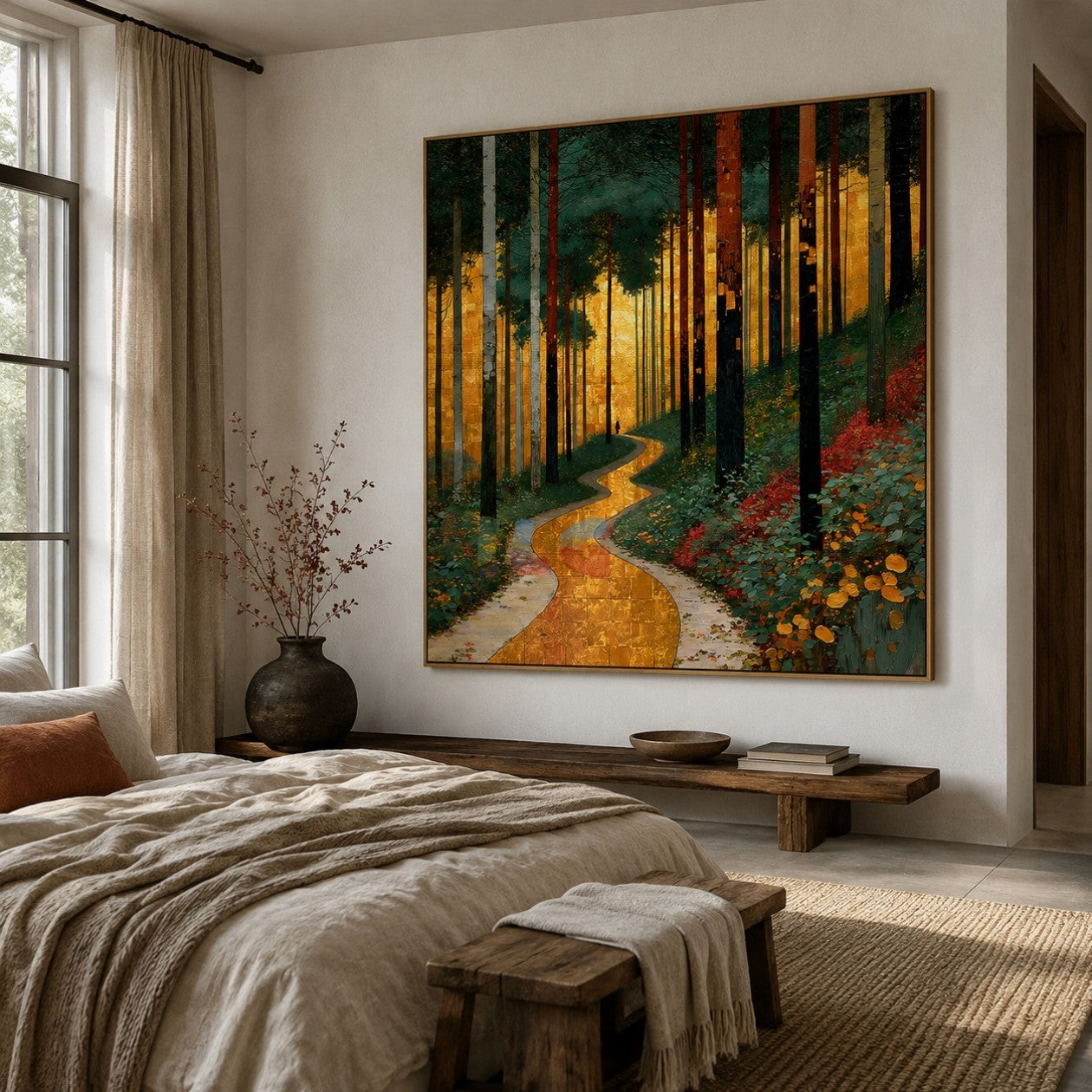 Golden Woodland Passage – Forest Landscape Textured Wall Art