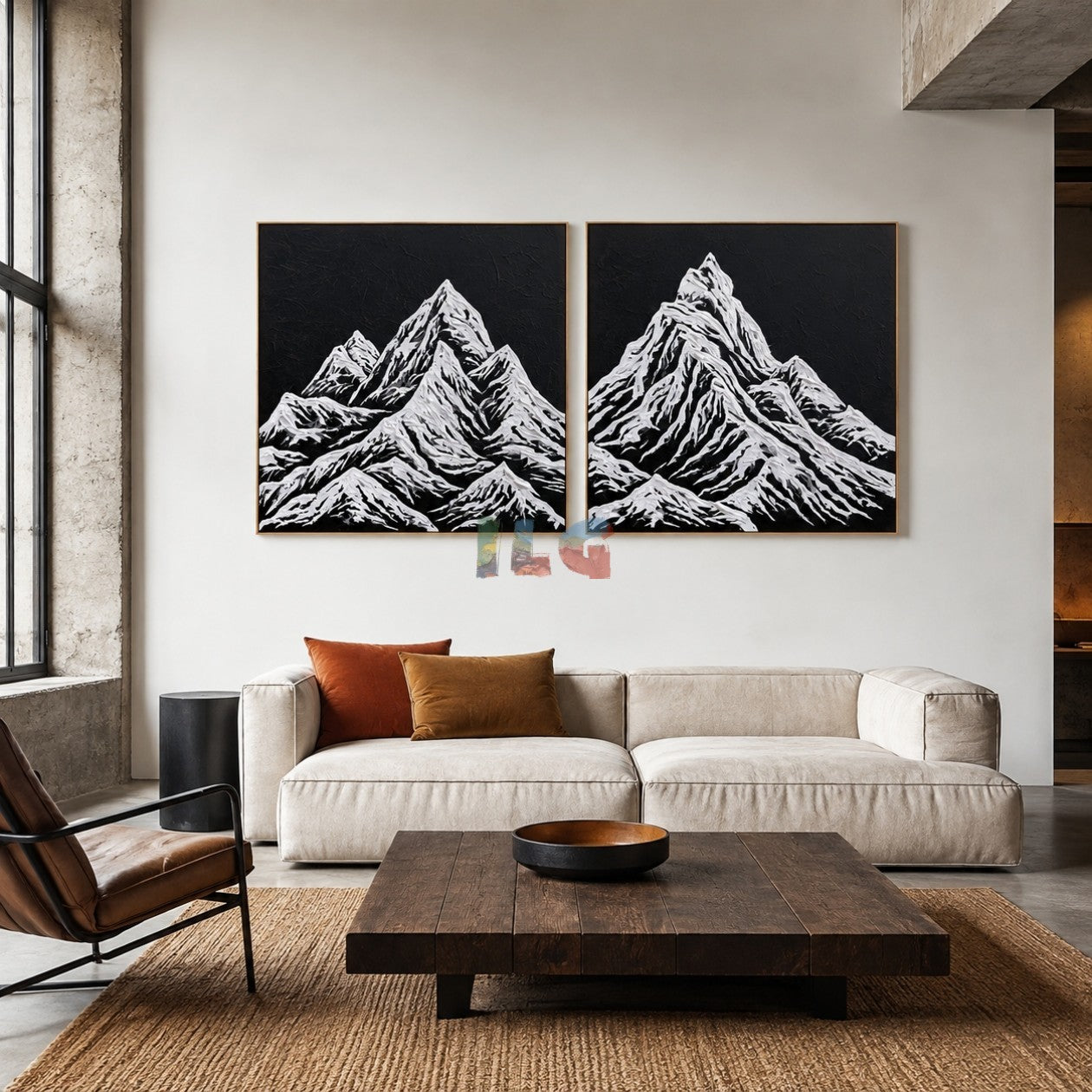 Snowline Summit Pair – Black and White Mountain Textured Wall Art