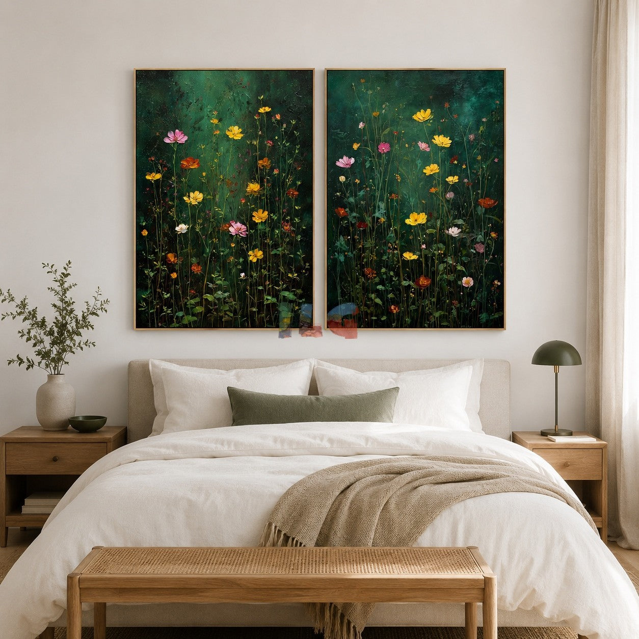 Emerald Field Serenade – Dark Botanical Floral Wall Art Set