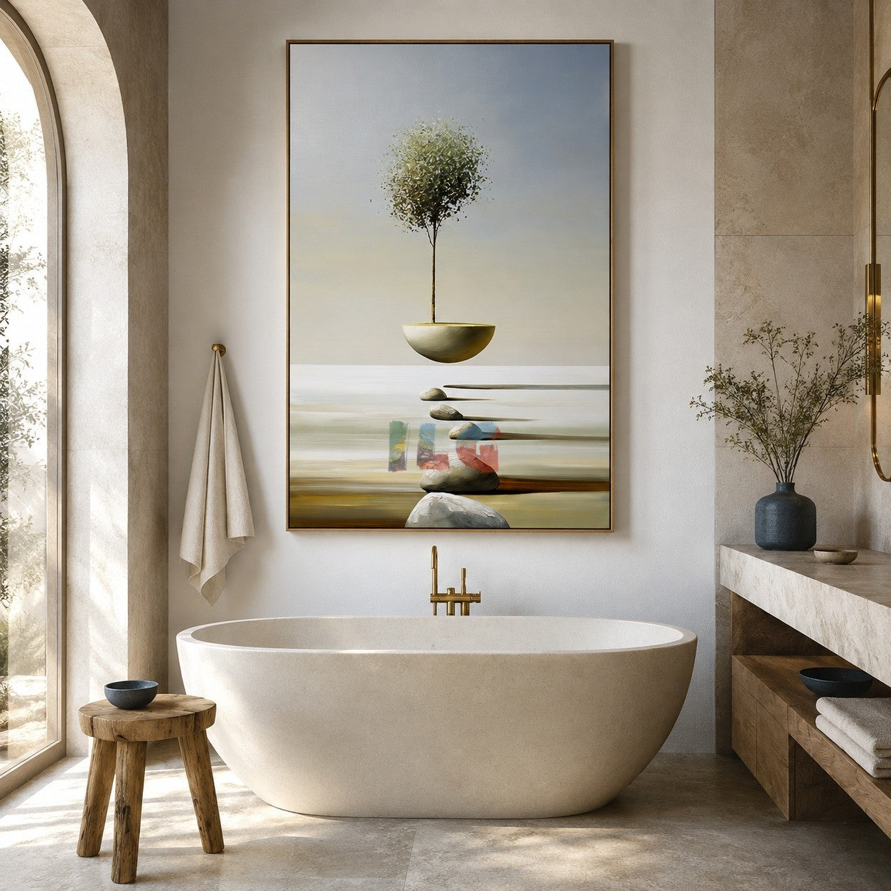 Floating Tree Sanctuary – Minimalist Surreal Landscape Wall Art