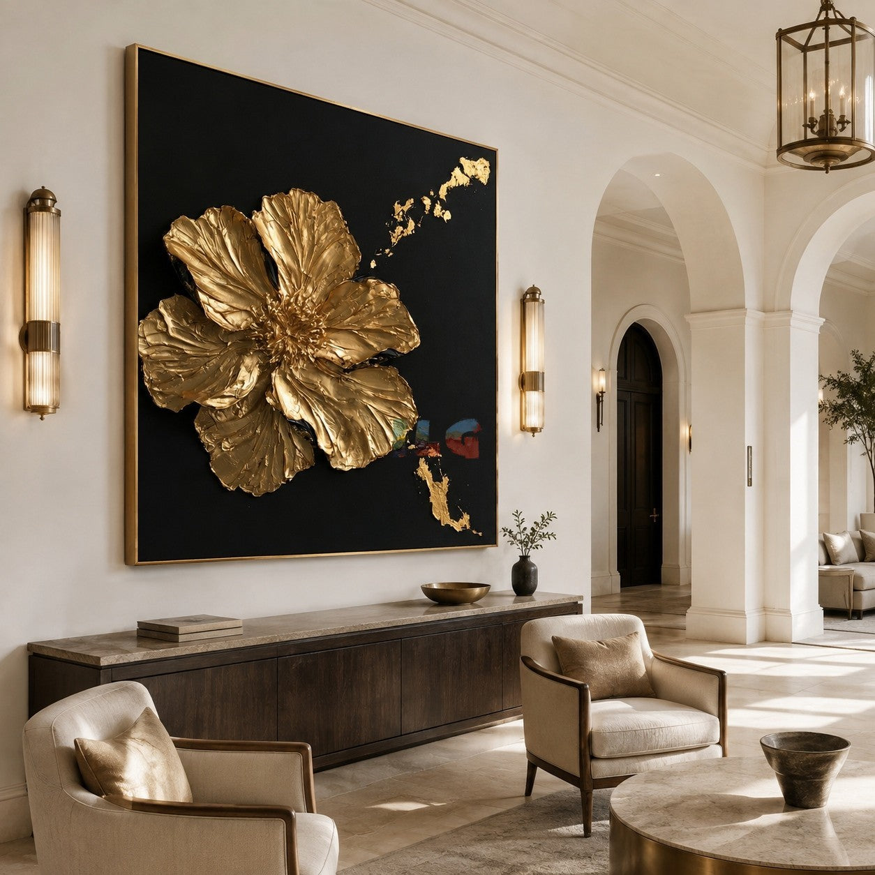 Midnight Gilded Petals – Luxury Textured Floral Wall Art