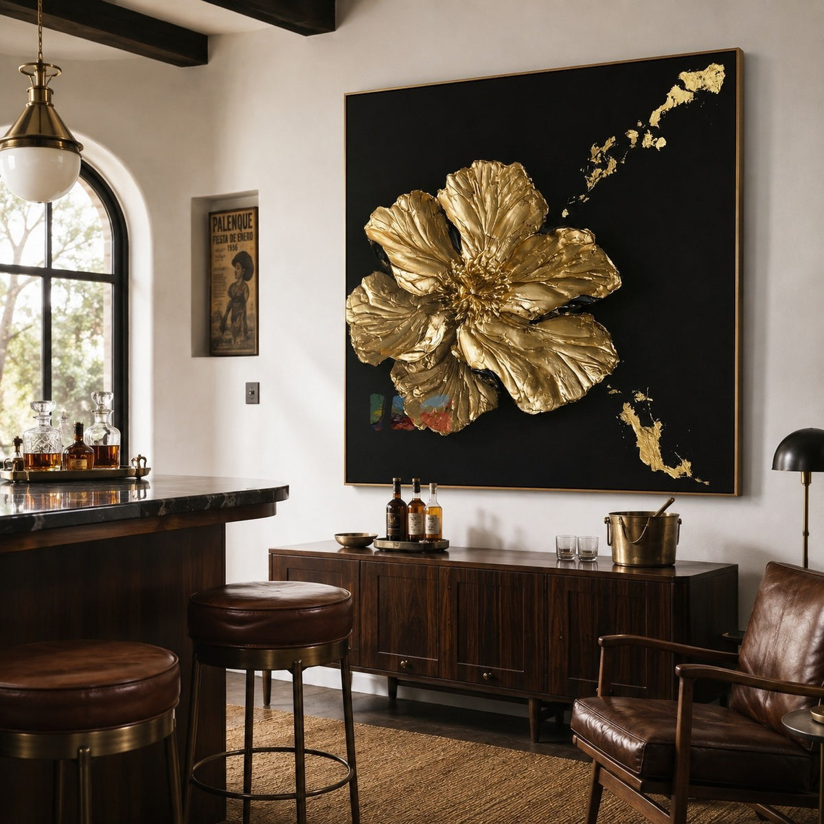 Midnight Gilded Petals – Luxury Textured Floral Wall Art