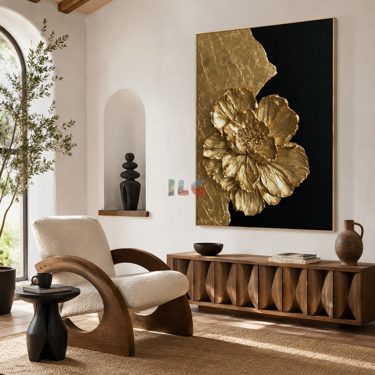 Sculpted Gold Flower – Luxury Black Gold Floral Wall Art