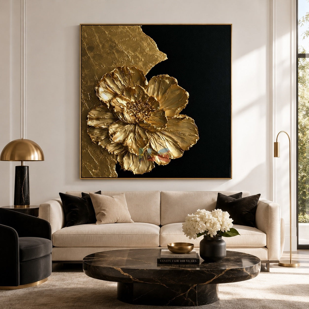 Radiant Gold Flower – Luxury Black Gold Textured Wall Art