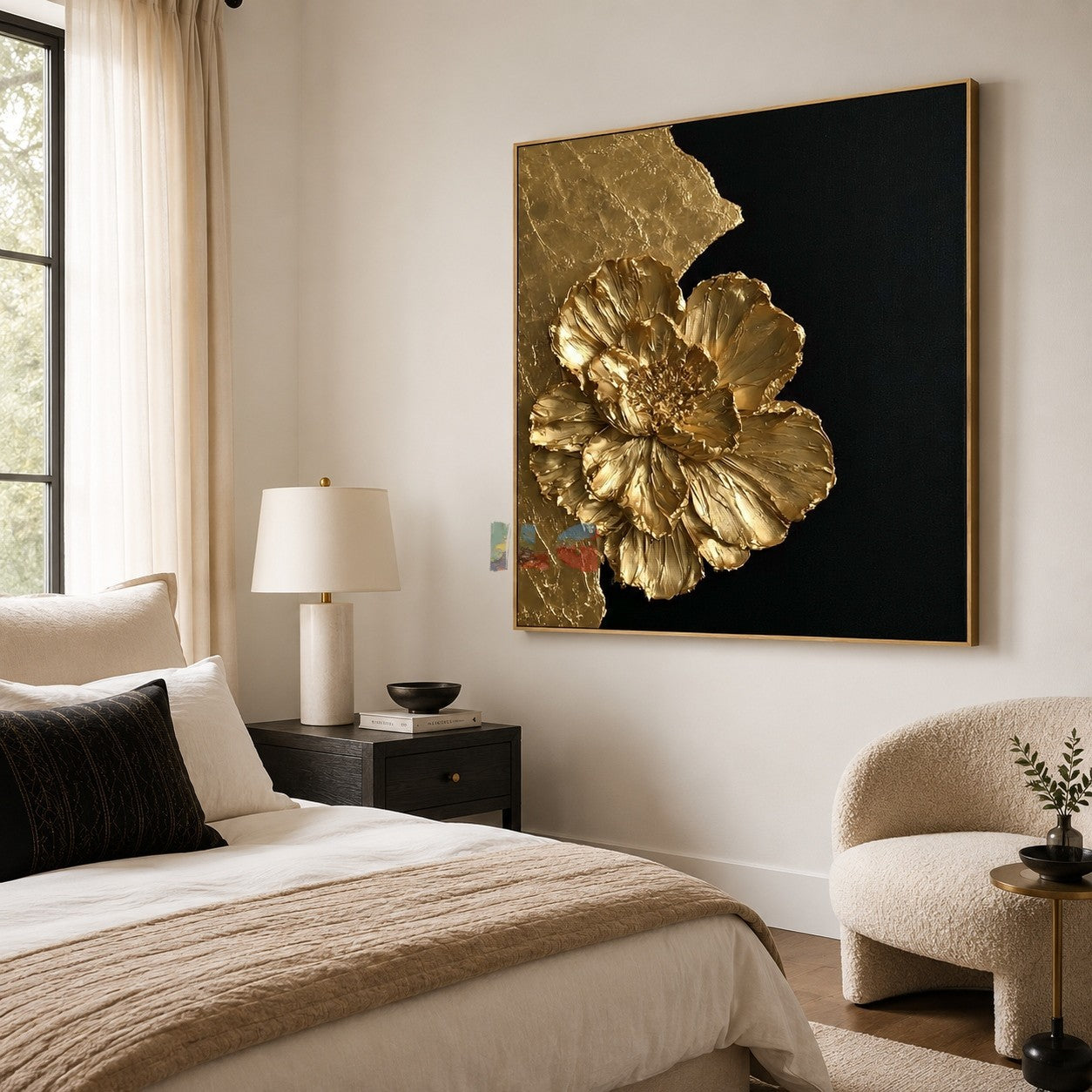 Radiant Gold Flower – Luxury Black Gold Textured Wall Art