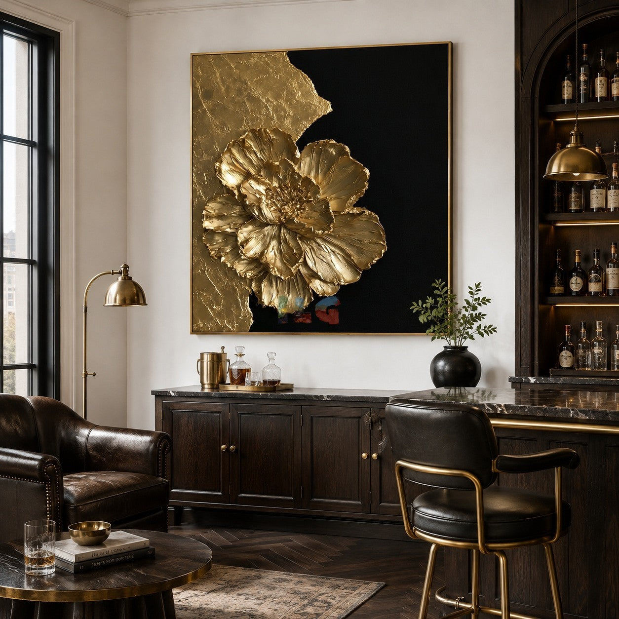 Radiant Gold Flower – Luxury Black Gold Textured Wall Art