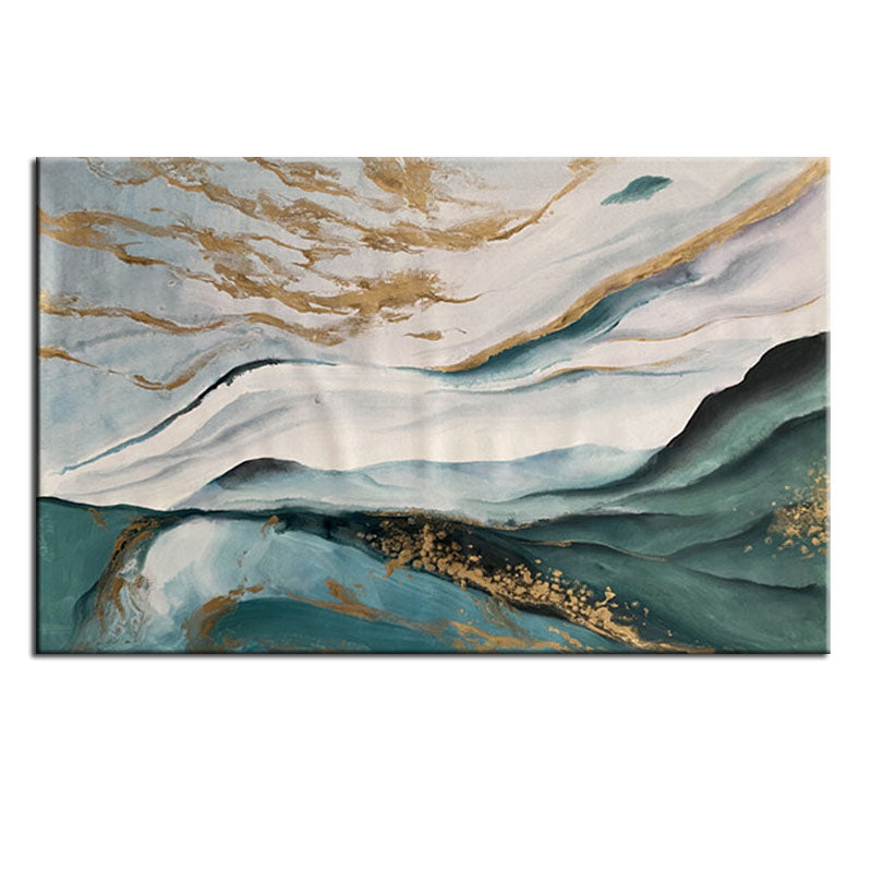 Abstract Landscape Oil Painting: Blue - Green Hues with Gold Accents