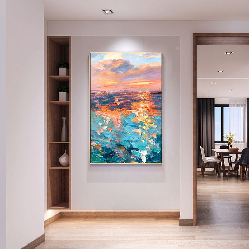 Abstract Sunset Seascape Oil Painting - Vibrant Coastal Art for Home Decoration