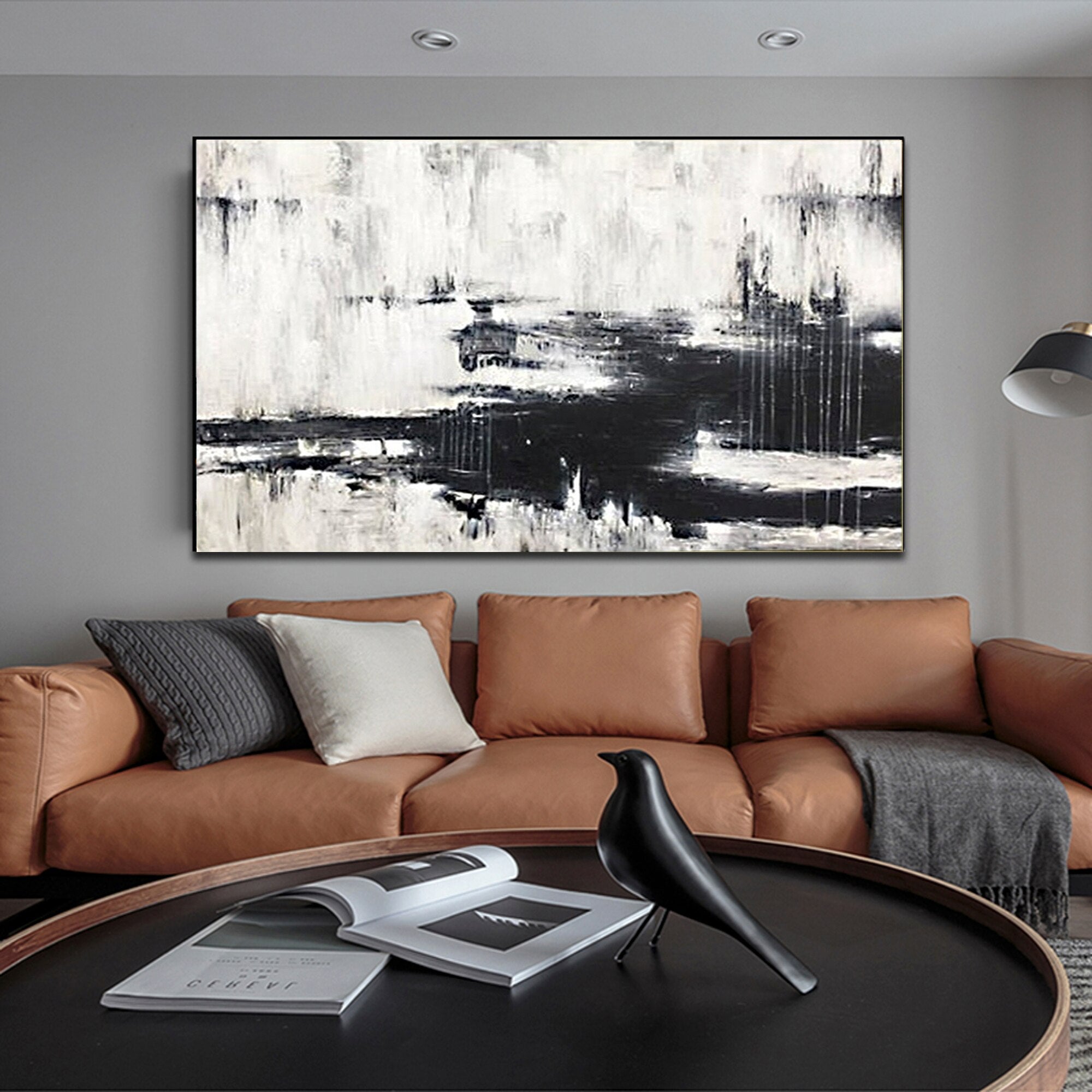 Black and White Abstract Oil Painting: Minimalist Wall Decor