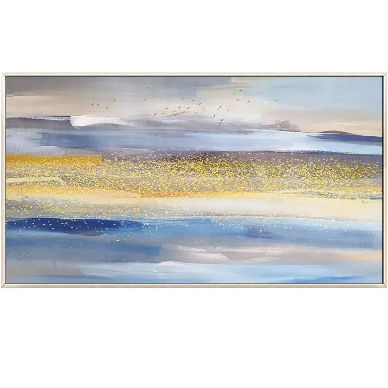 Blue Gray Abstract Landscape Painting with Gold Birds - Modern Horizontal Wall Decor