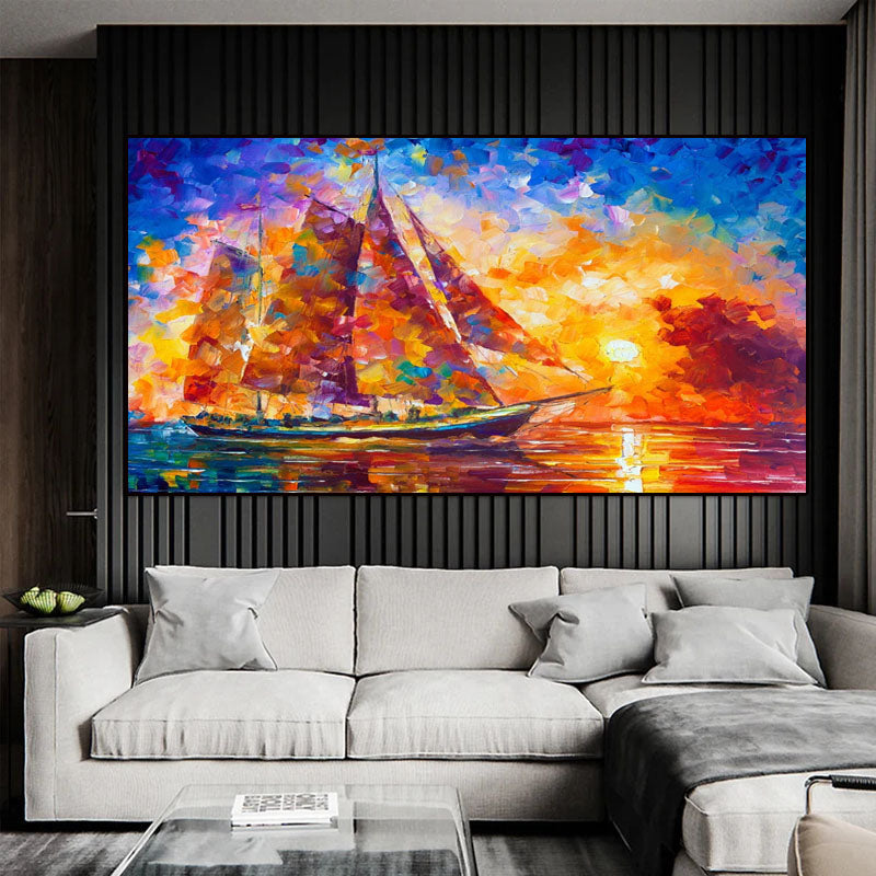 Colorful Sailboat Oil Painting - Sunset Sea Landscape Art for Home Decoration