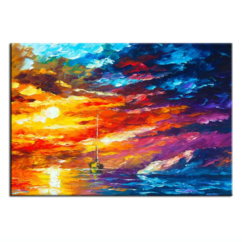 Colorful Sunset Sea Sailboat Oil Painting: Impressionist Wall Art