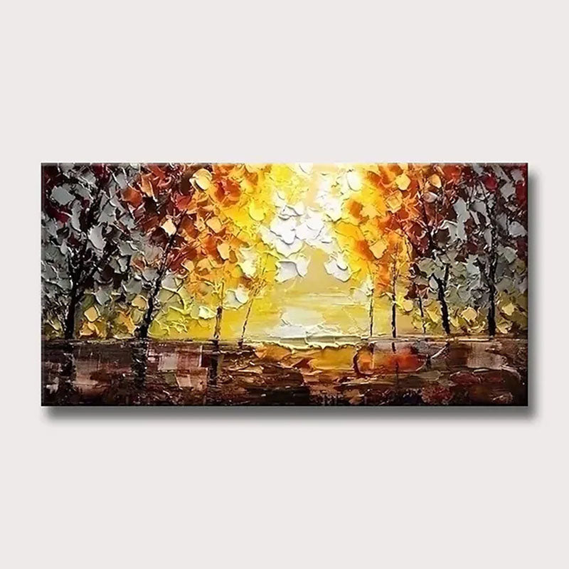 Impasto Oil Painting: Golden Sunset Landscape, Autumn Trees Art