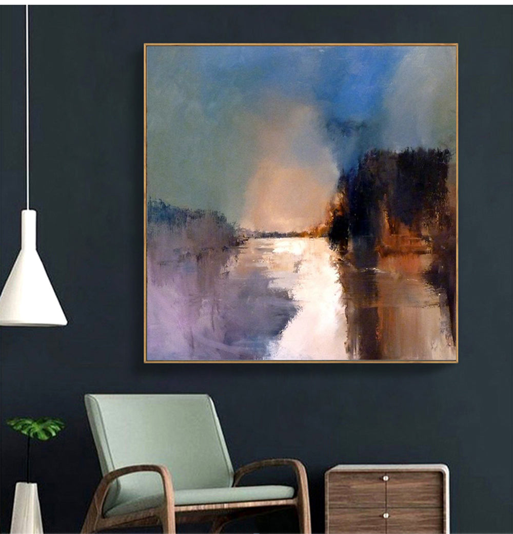 Impressionist River Landscape Painting - Serene Twilight Scene with Soft Color Blends