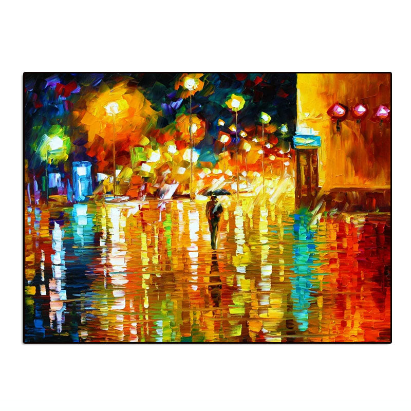 Luminous Night Scene Oil Art: Reflections on Wet Street Decor