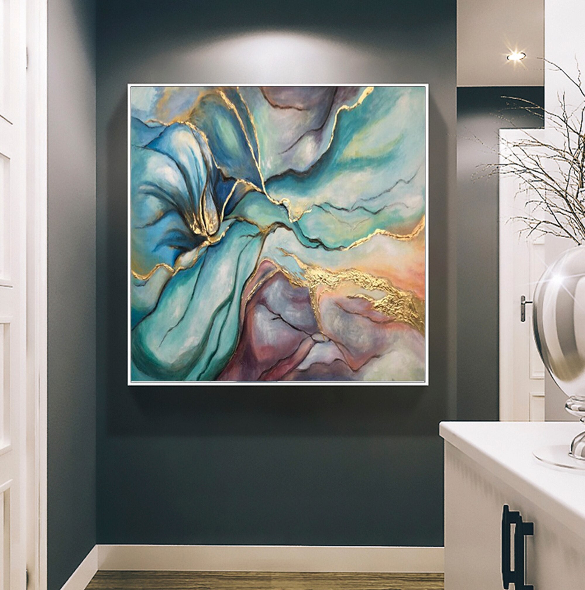 Luxury Abstract Canvas: Gold Veined Turquoise & Purple Abstract Painting