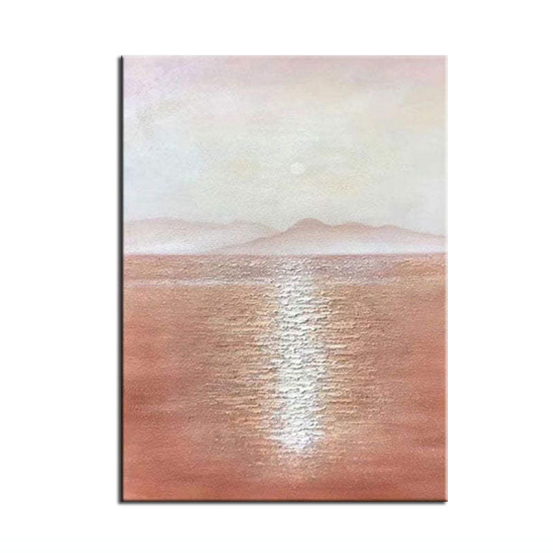 Minimalist Landscape Oil Painting: Warm Brown Tones, Calm Sea & Distant Mountains
