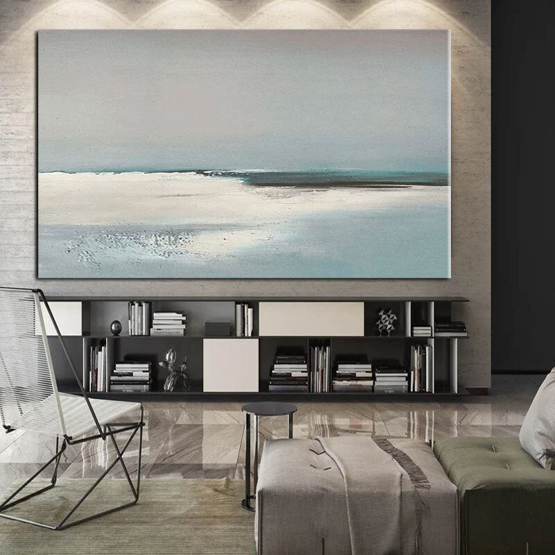 Minimalist Seaside Oil Painting: Calm Blue Tones Wall Decor