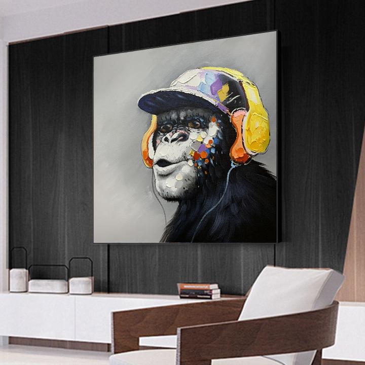 Monkey wearing headphones oil painting modern pop art style