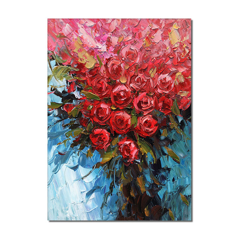 Palette Knife Red Rose Oil Painting - Vibrant Textured Floral Art with Blue Background