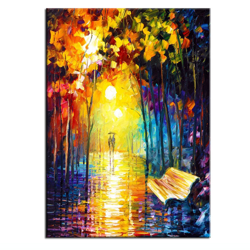 Rainy Night Stroll Oil Painting: Romantic Street Scene with Colorful Lights