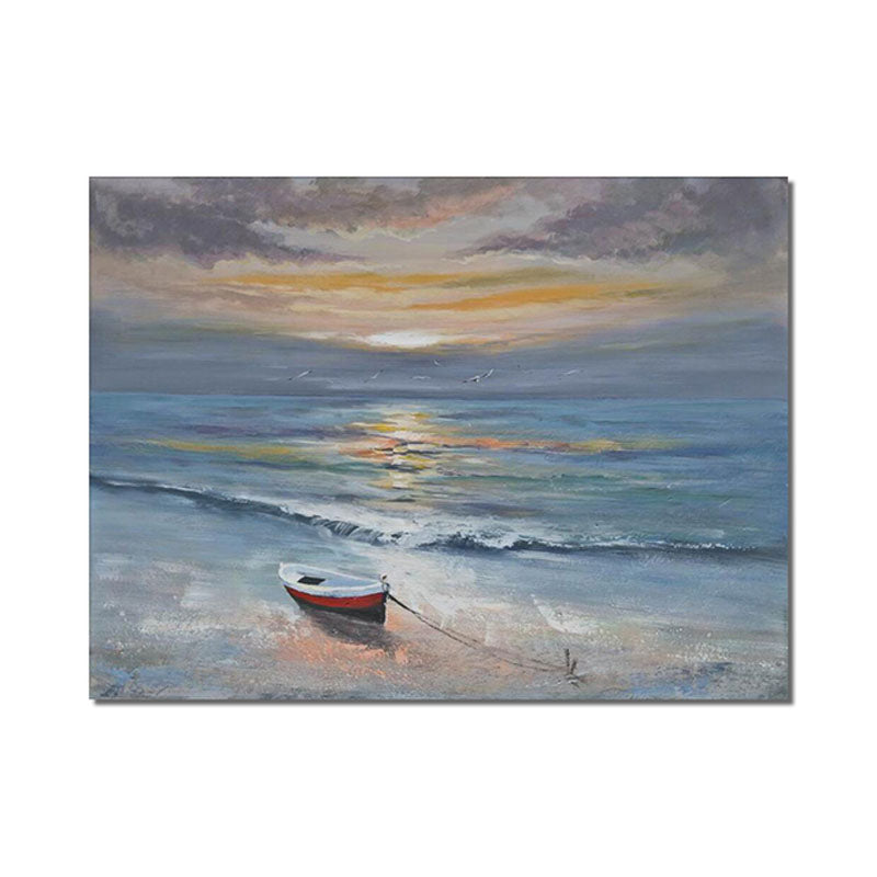 Serene Coastal Sunset Oil Painting: Small Boat on Sandy Beach Wall Art for Home Decor