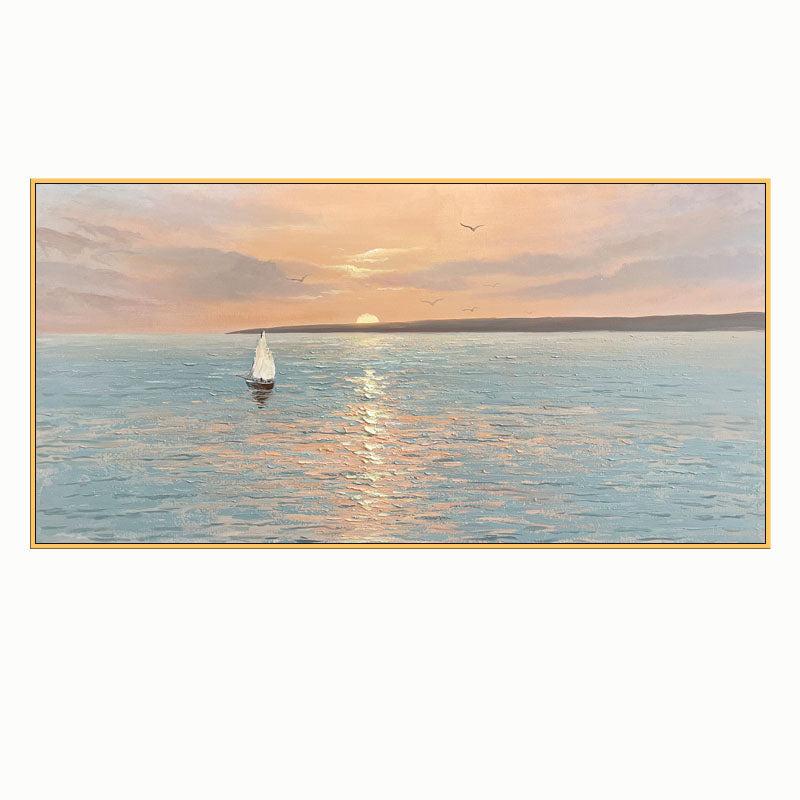 Serene Sunset Seascape Oil Painting with Sailboat - Nautical Art for Home Decoration
