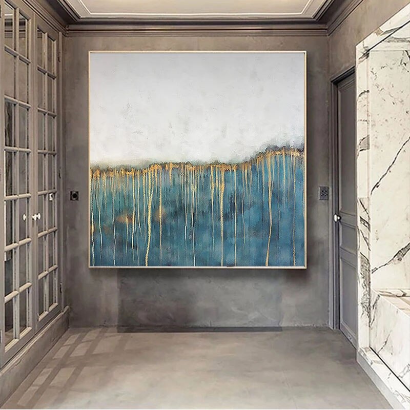 Teal, White and Gold Abstract Painting for Modern Decor