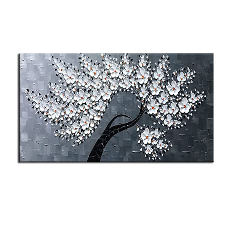 Textured White Flower Tree Oil Painting - Modern Floral Wall Art for Living Room Decor
