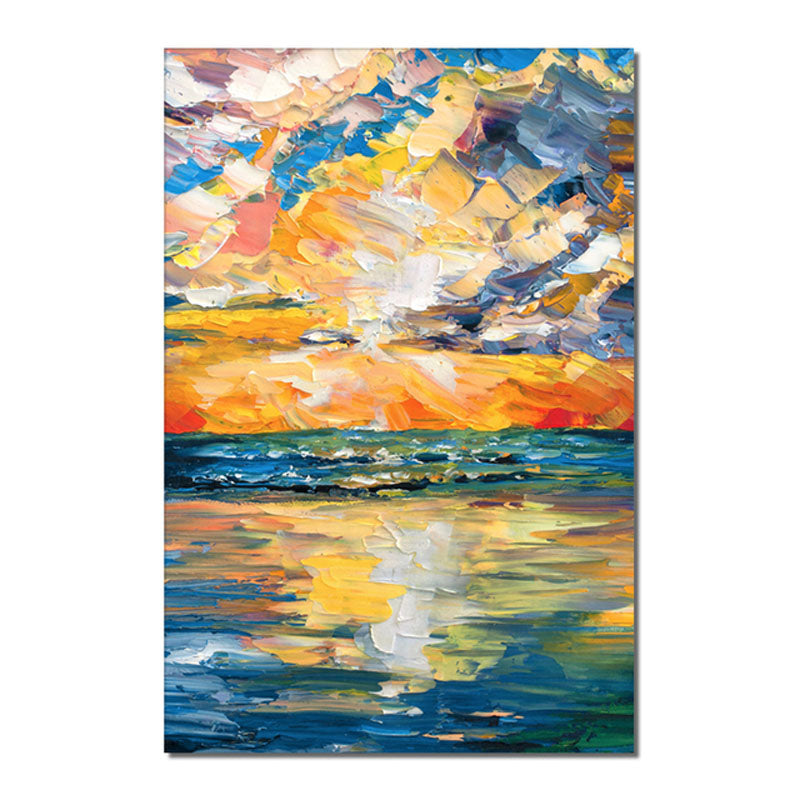 Vibrant Impasto Sunset Sea View Abstract Oil Painting - Coastal Wall Art for Home Decor