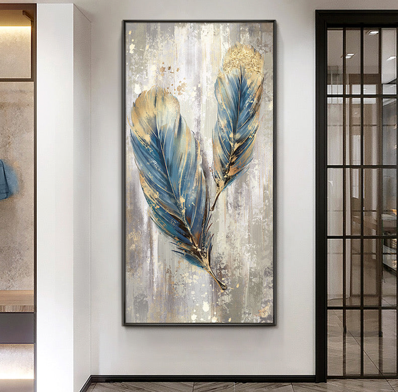 Feathers-Blue & Gold Textured Abstract Painting for Modern Elegant Home Decor
