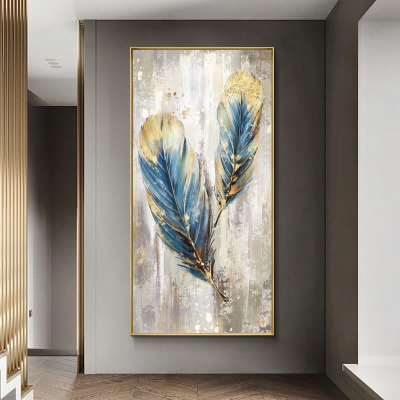 Feathers-Blue & Gold Textured Abstract Painting for Modern Elegant Home Decor