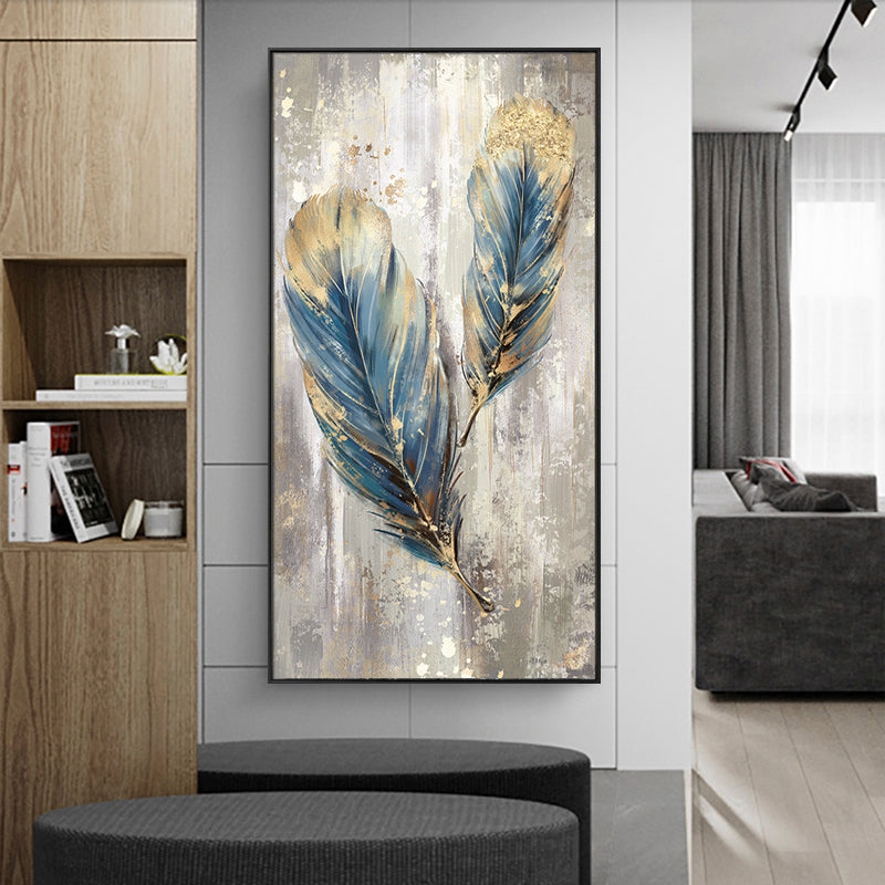 Feathers-Blue & Gold Textured Abstract Painting for Modern Elegant Home Decor