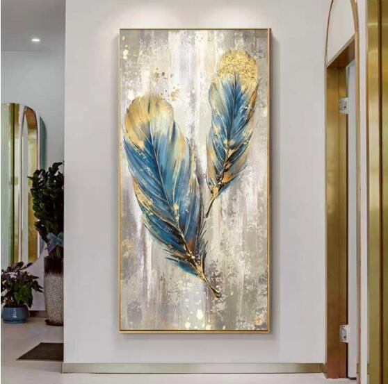 Feathers-Blue & Gold Textured Abstract Painting for Modern Elegant Home Decor