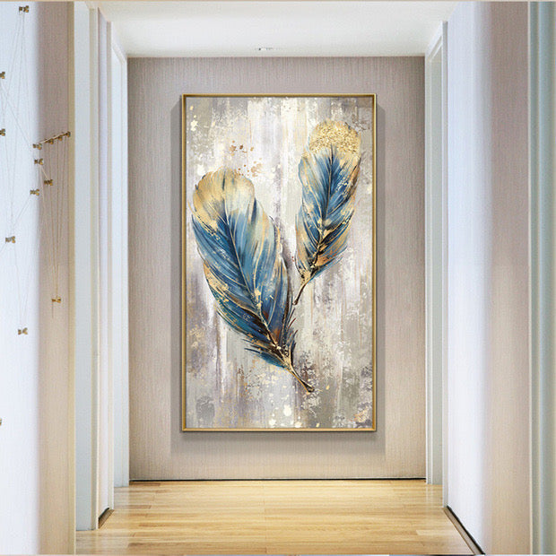 Feathers-Blue & Gold Textured Abstract Painting for Modern Elegant Home Decor