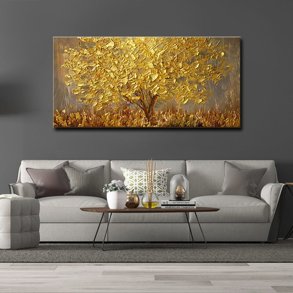 Summer-Golden Tree Textured Oil Painting - Abstract Landscape Wall Art Decor