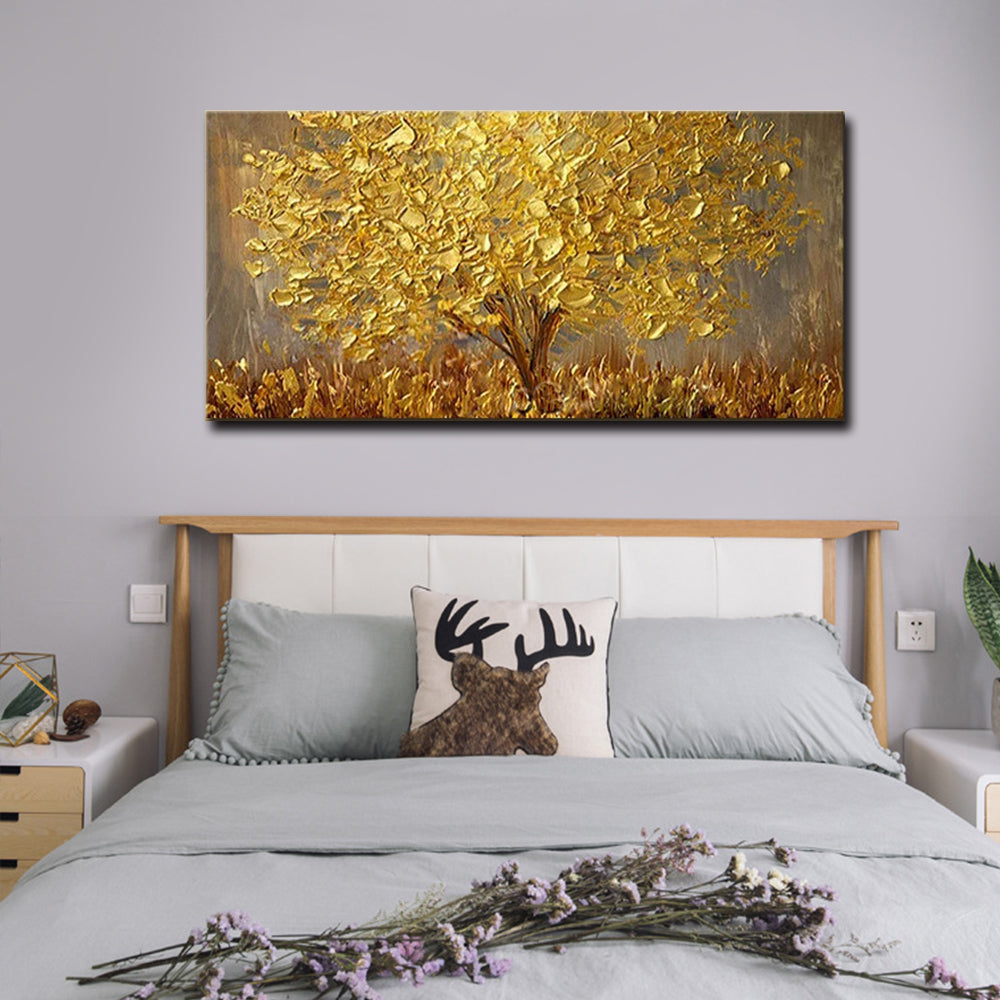 Summer-Golden Tree Textured Oil Painting - Abstract Landscape Wall Art Decor