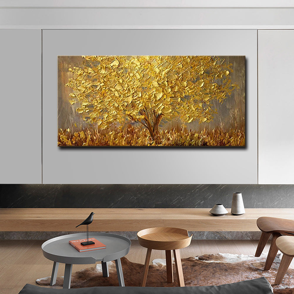 Summer-Golden Tree Textured Oil Painting - Abstract Landscape Wall Art Decor