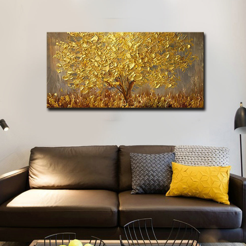 Summer-Golden Tree Textured Oil Painting - Abstract Landscape Wall Art Decor