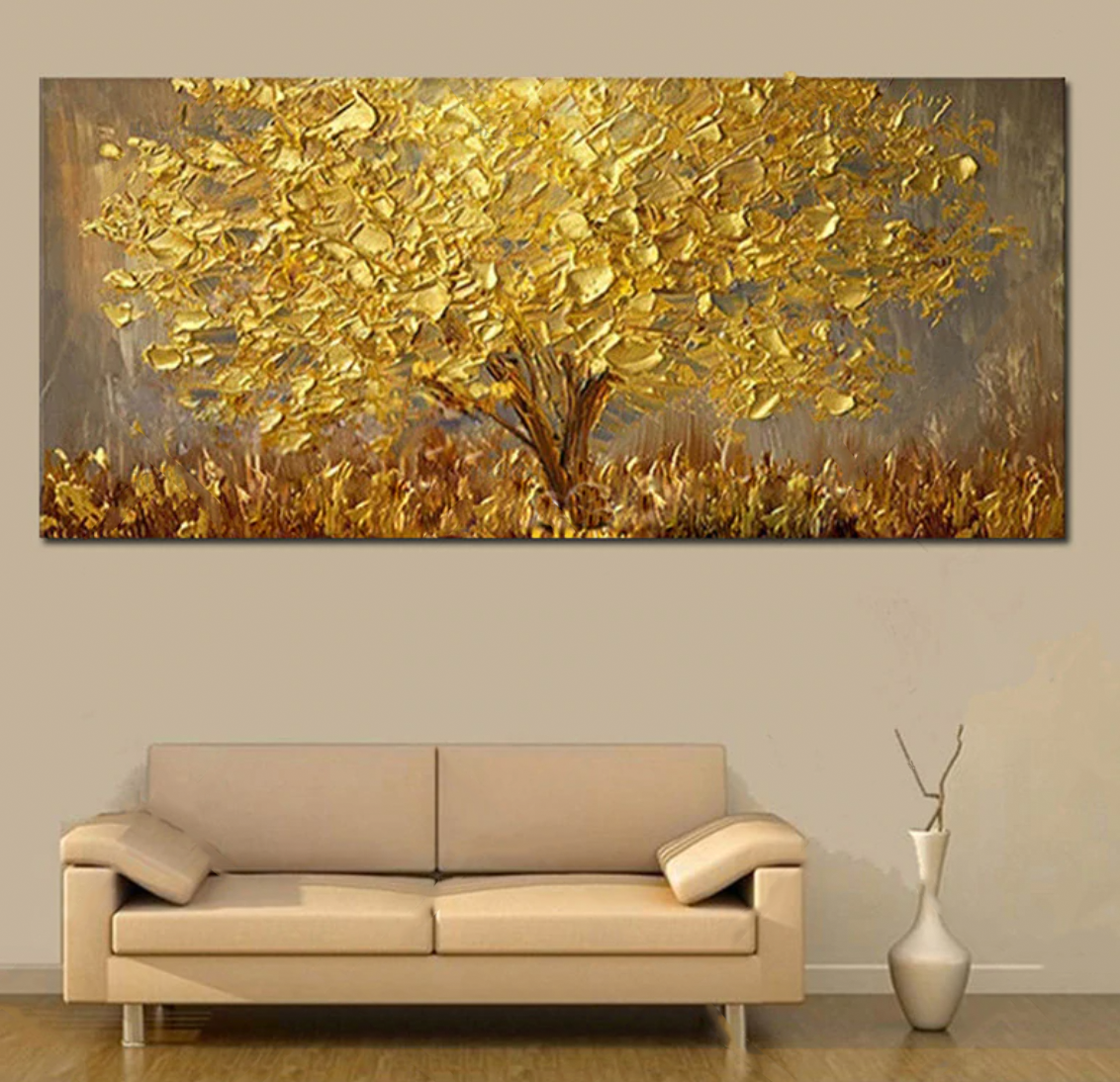 Summer-Golden Tree Textured Oil Painting - Abstract Landscape Wall Art Decor